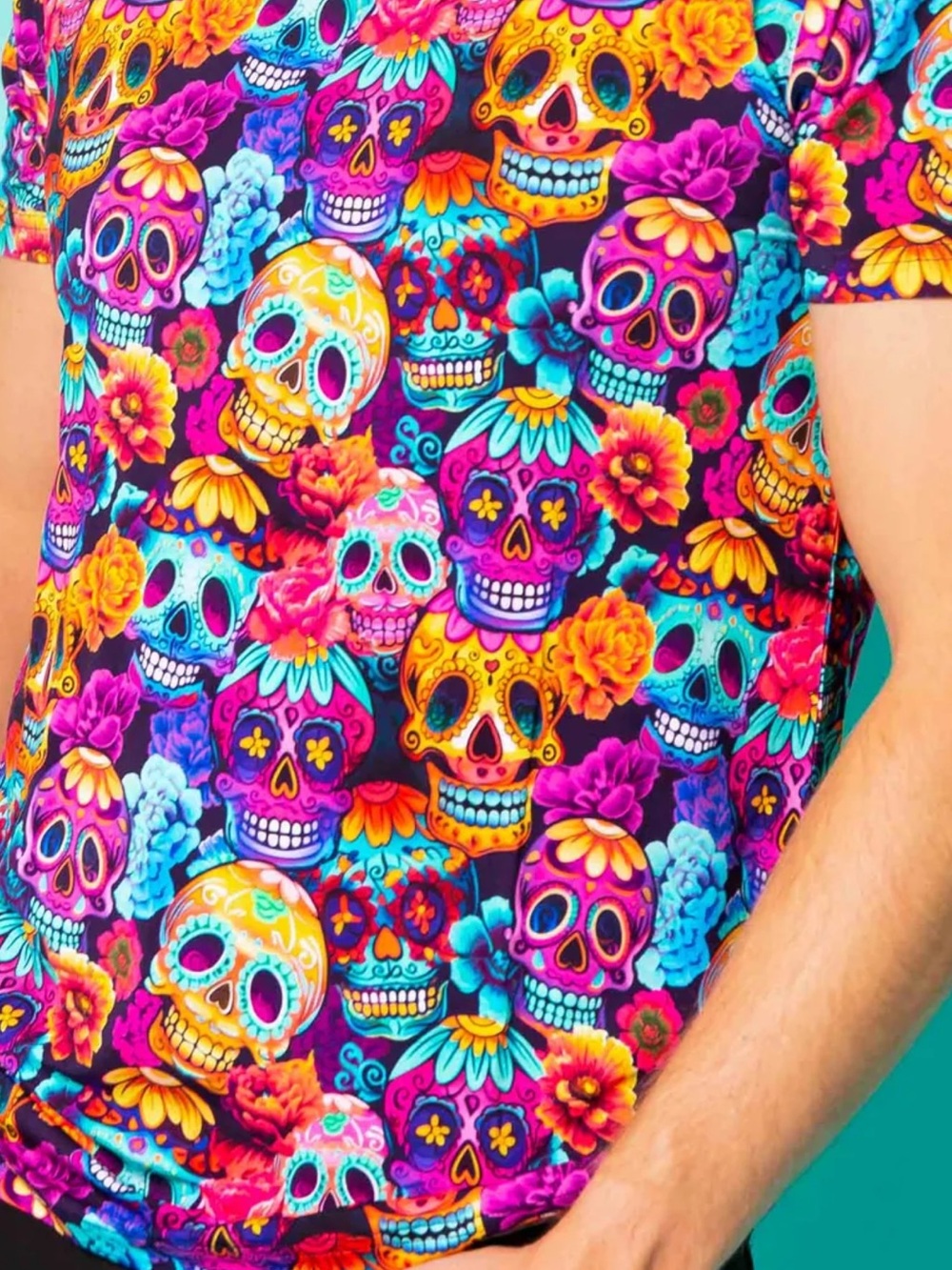 Women's Day of the Dead Skull Print Tee - Vibrant Multicolor
